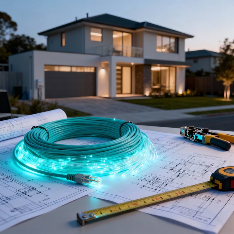 Leuchtendes Glasfaserkabel auf Bauplänen vor einem modernen Einfamilienhaus bei Abenddämmerung