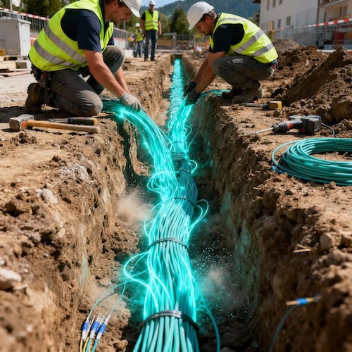 Zwei Arbeiter verlegen leuchtende Glasfaserkabel in einem offenen Erdgraben auf einer Baustelle